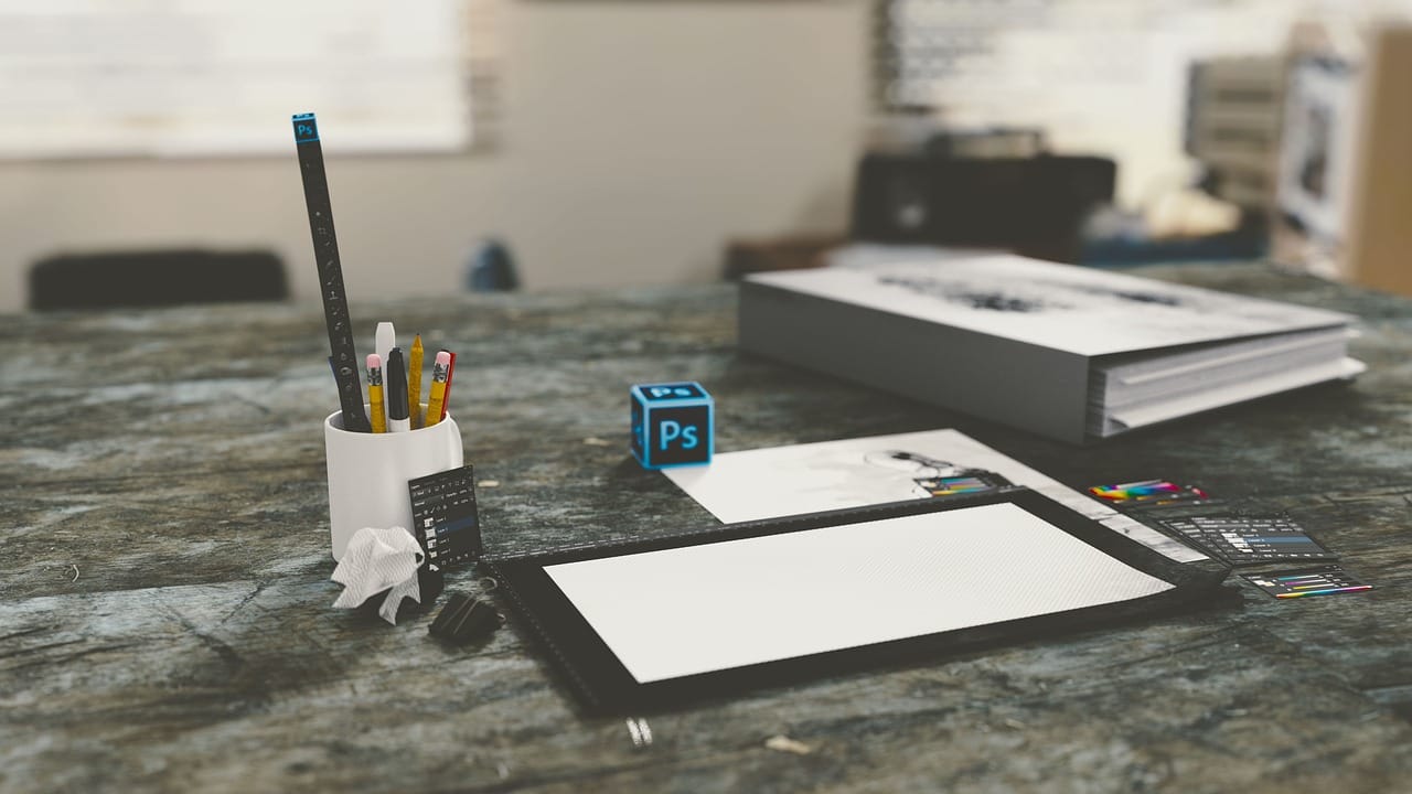 Motion graphics design creative workspace with animation software